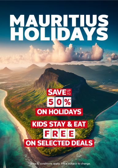 A view of Mauritius beach and mountain regarding a Mauritius holiday package.