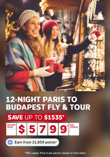Women browsing a festive European Christmas market stall for a 12-night Paris to Budapest fly and tour saving up to 1535 dollars from 5799 per person