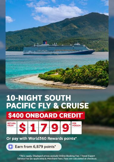 Cruise ship sailing past a palm island in turquoise water for a 10 night South Pacific cruise with 400 dollars onboard credit from 1799 per person