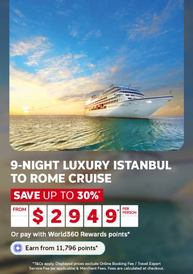 Cruise ship sailing at golden sunset for a 9-night luxury Istanbul to Rome cruise saving up to 30% from 2949 per person