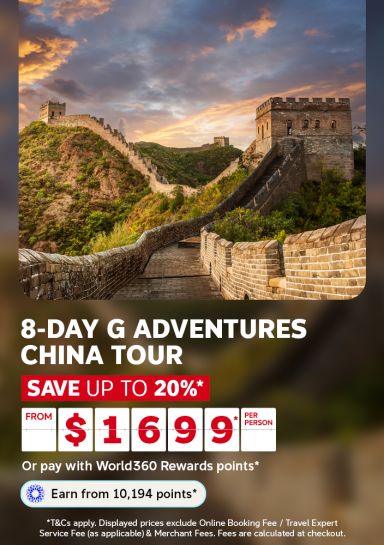Great Wall of China winding through misty mountains at sunset for an 8-day G Adventures China tour saving up to 20% from 1699 per person