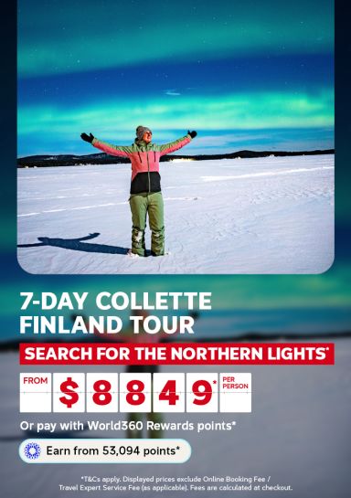 Traveller with arms outstretched beneath the aurora over a snowy Finnish landscape for a 7-day Collette Finland tour from 8849 per person