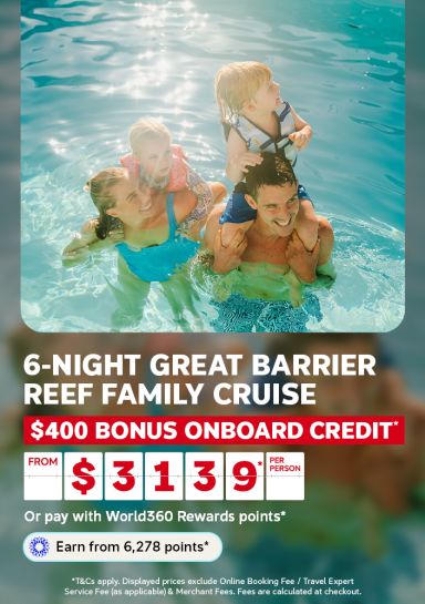 Family playing together in a sunlit pool for a 6-night Great Barrier Reef family cruise offering 400 bonus onboard credit from 3139 per person