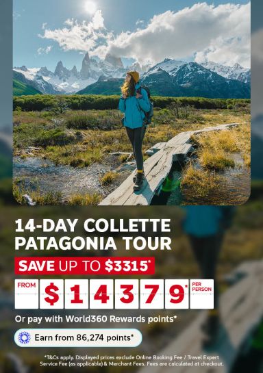 Hiker crossing a wooden bridge before snow capped Patagonian peaks for a 14 day Collette Patagonia tour saving up to 3315 dollars from 1437 per person