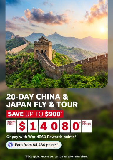 Great Wall of China winding across misty mountains at sunrise for a 20-day China and Japan fly and tour saving up to $900 from $1480 per person