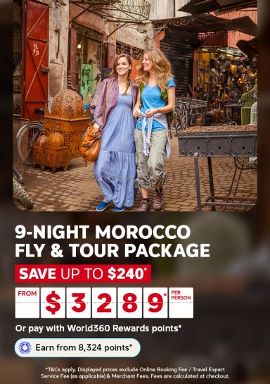 Two friends walking through a vibrant Marrakech souk for a 9-night Morocco fly and tour package saving up to 240 from 3289 per person