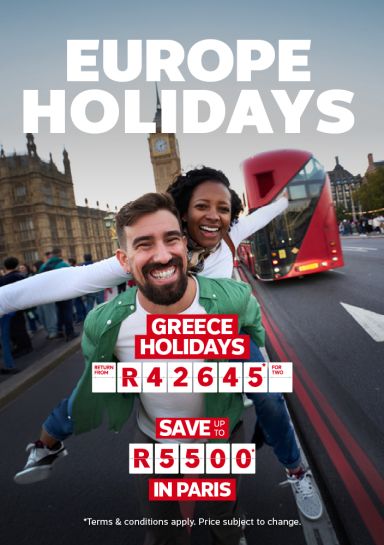 Couple having a piggyback in front of Big Ben featuring Europe holidays including Greece return from R42,645 and savings up to R5500 in Paris