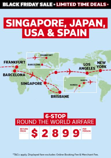 Singapore, Japan, USA & Spain. 6-stop round the world airfare return from $2899* per person