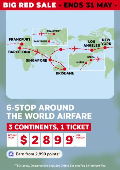 World map for a Big Red Sale 6-stop around the world airfare from Brisbane across 3 continents on 1 ticket from $2899 return per person