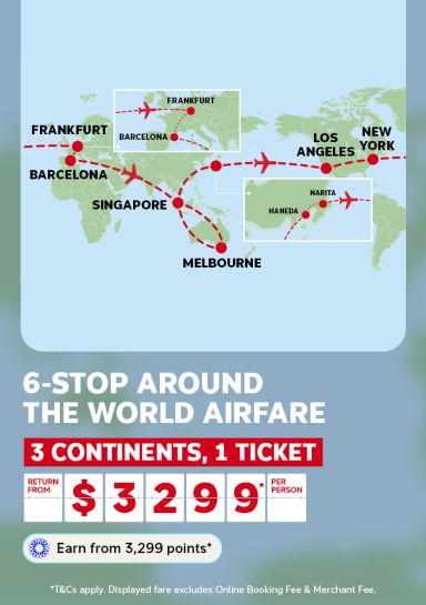 -stop around the world airfare route via Singapore Frankfurt Barcelona Los Angeles New York and Japan across 3 continents from $3299 per person return