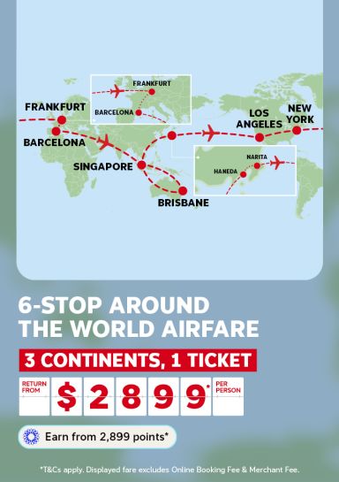 World map showing a 6-stop around the world airfare route from Brisbane via Singapore Frankfurt Barcelona Los Angeles New York and Japan across 3 continents from $2899 per person