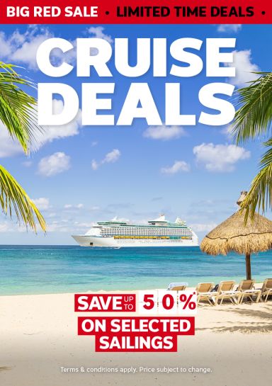 Big Red Sale - limited time deals | Cruise deals - save up to 50%* on selected sailings | *Terms & conditions apply. Price subject to change. | Cruise ship framed by a tropical island