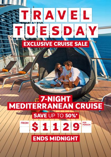 Travel Tuesday - exclusive cruise sale | 7-night Mediterranean cruise - save up to 50%*. From $1,129* per person | ends midnight | Couple sitting in an egg chair on the deck of a cruise ship
