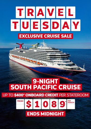 Travel Tuesday - exclusive cruise sale | 9-night South Pacific cruise - up to $400* onboard credit per stateroom. From $1089* per person - Ends midnight | Royal Caribbean cruise ship at sea