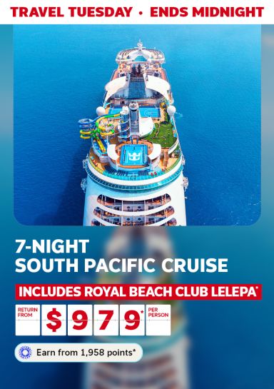 Travel Tuesday - ends midnight | 7-night South Pacific cruise - includes Royal Beach Club Lelepa* | from $979* per person - Earn from 1,958 points*