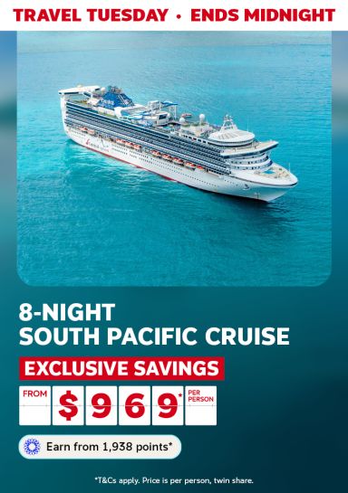 Travel Tuesday - ends midnight | 8-night South Pacific cruise. Exclusive savings - from $969* per person | Earn from 1,938 points* | *T&Cs apply. Price is per person, twin share | Carnival cruise ship at sea.