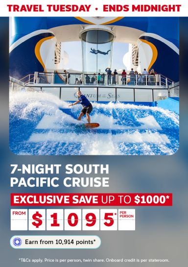 Person on a wave machine on a cruise ship, featuring a 7-night South Pacific cruise from $1,095
