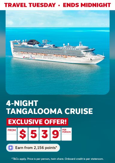 Carnival cruise ship in bright teal water, featuring an exclusive 4-night Tangalooma cruise from $539