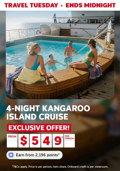 People relaxing in a pool on a cruise ship, featuring an exclusive 4-night Kangaroo Island cruise from $549