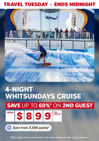 Person on a wave machine on a cruise ship, featuring a 4-night Whitsundays cruise from $899* per person