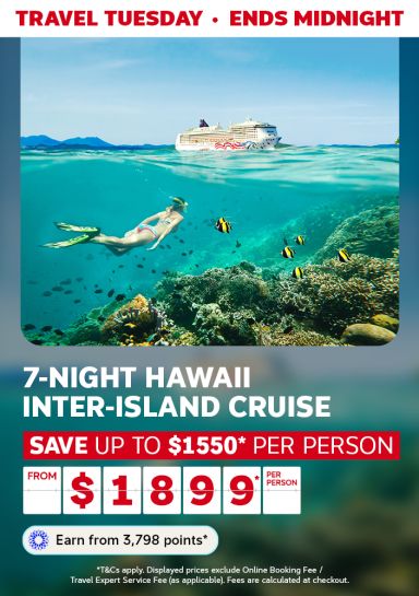 Snorkeler exploring coral reef with tropical fish and cruise ship in turquoise Hawaiian waters for 7-night inter-island cruise from $1899, saving $1550