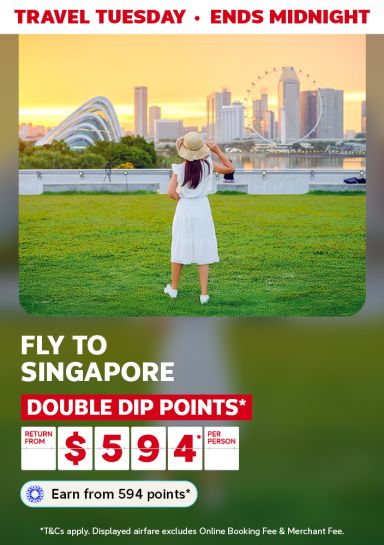 Woman standing in a grassy field looking at the city of Singapore featuring return flights to Singapore from $594