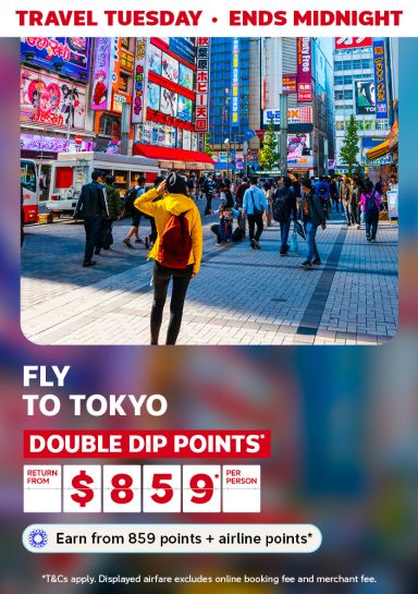 Travel Tuesday - ends midnight | fly to Tokyo - double dip points* Return from $859* per person | Earn from 859 points + airline points* | *T&Cs apply. Displayed airfare excludes online booking fee & merchant fee. | Busy street in Akihabara, Japan