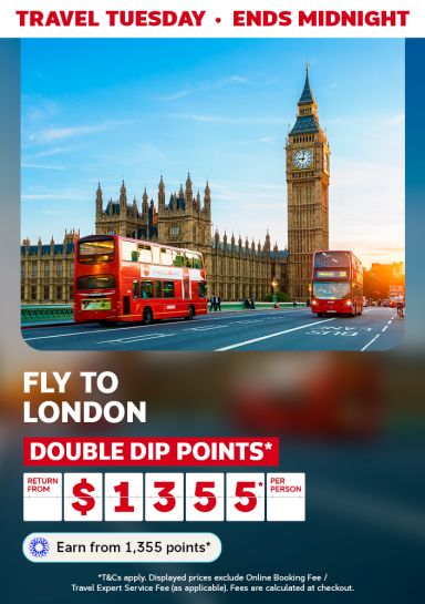 Red double decker buses and Big Ben featuring return flights to London from $1,355