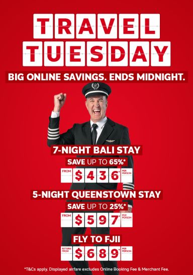 Flight centre captain cheering featuring travel Tuesday deals including a 7-night Bali stay from $436, a 5-night Queenstown stay from $597 and return flights to Fiji from $689