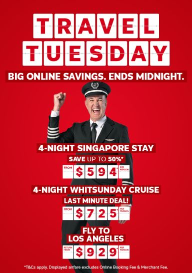 Flight Centre captain cheering for Travel Tuesday deals including a 4-night Singapore stay from $594, a 4-night Whitsunday cruise from $725, and return flights to Los Angeles from $929