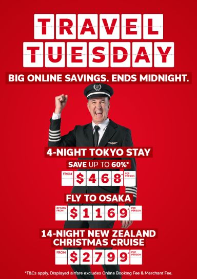 Flight Centre Captain cheering for Travel Tuesday deals including a 4-night Tokyo stay from $468, return flights to Osaka from $1,169 and a 14-night New Zealand Christmas cruise from $2,799