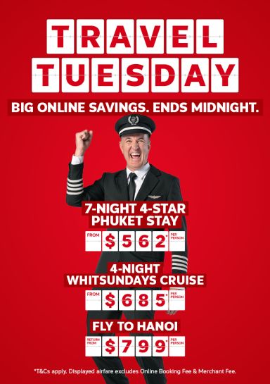 Smiling airline captain celebrating Travel Tuesday featuring a 7 night 4 star Phuket stay from $562 a Whitsundays cruise from $685 and flights to Hanoi from $799
