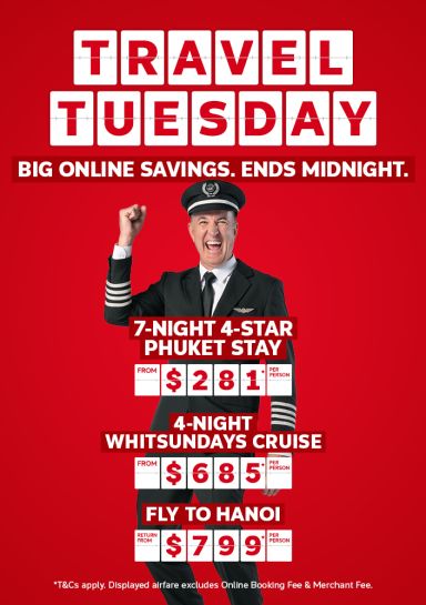 Cheering pilot celebrating Flight Centre Travel Tuesday big online savings ending midnight with Phuket from $281 and Hanoi flights from $799 per person