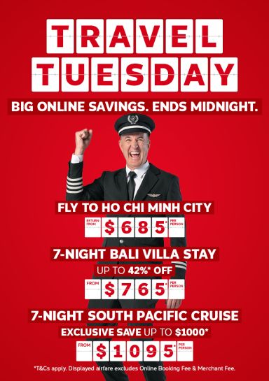 Flight Centre Captain on a red background featuring Travel Tuesday deals like 7-night Bali villa stay from $765, flights to Ho Chi Minh City return from $685 and 7-night South Pacific cruise from $1,095