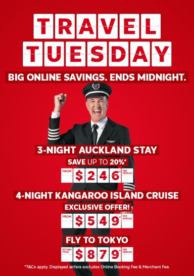 Flight Centre captain cheering for Travel Tuesday deals, including a 3-night Auckland stay from $246, an exclusive 4-night Kangaroo Island cruise from $549 and return flights to Tokyo from $879