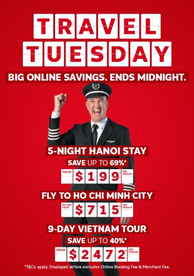 Pilot celebrating for the Travel Tuesday sale ending midnight with savings on Hanoi Ho Chi Minh City flights and Vietnam tours