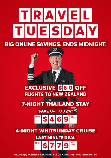 Travel Tuesday deal tile: $50 off NZ flights, Thailand stays from $469pp, Whitsundays cruise from $779pp.