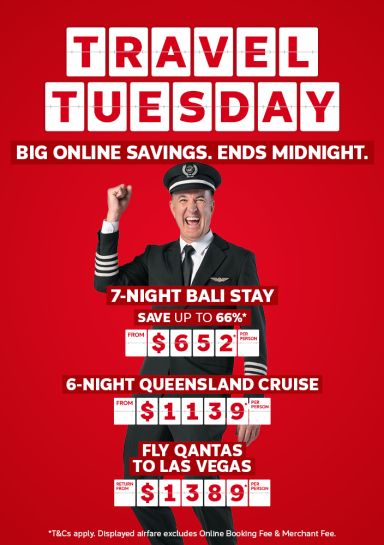 Flight Centre captain cheering for Travel Tuesday deals, including a 7-night Bali stay from $652, a 6-night Queensland cruise from $1,139, and return flights to Las Vegas with Qantas from $,1389