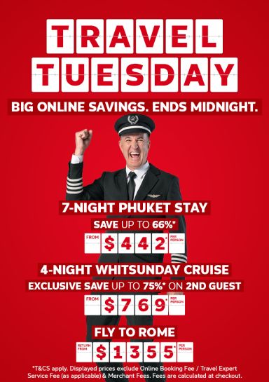Pilot cheering with a fist raised for Travel Tuesday online savings ending midnight with 7 nights Phuket from 442 and flights to Rome from 1355
