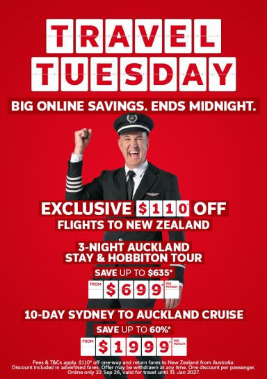 Flight Centre Captain cheering for Travel Tuesday deals including an exclusive $110 off flights to New Zealand and a 3-night Auckland stay & Hobbiton tour from $699