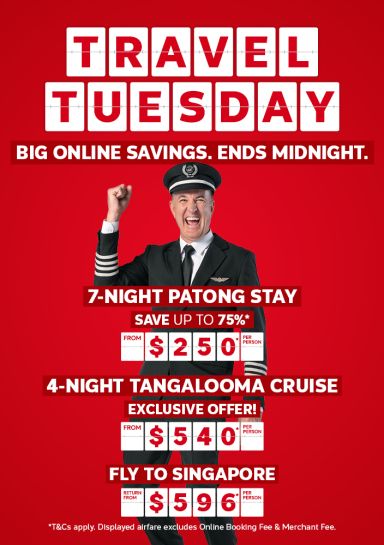 Flight Centre Captain cheering featuring Travel Tuesday deals like 7-night Patong stay from $250, 4-night exclusive Tangalooma cruise from $540 and return flights to Singapore from $596