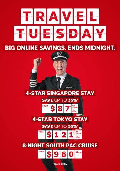 Travel Tuesday - big online savings. Ends midnight | 4-star Singapore stsay - save up to 35%* - from $87* per person per night | 4-star Tokyo stay - save up to 55%8*- from $121* per person per night | Earn points on all travel* | *T&Cs apply.