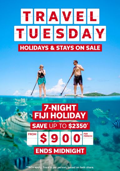 Travel Tuesday. Holidays & stays on sale. 7-night Fiji Holiday. Save up to $2350* from $900* per person