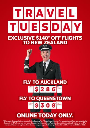Flight Centre Captain cheering for Travel Tuesday deals including $140 off flights to New Zealand for one day only