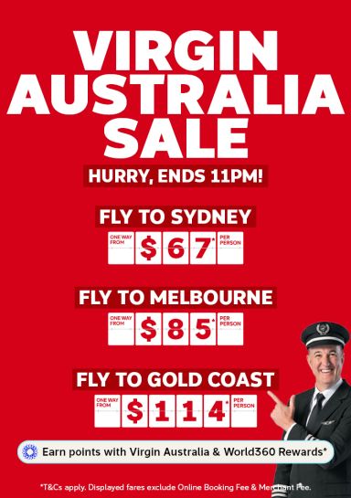 Virgin Australia Sale including one way flights to Sydney from $67, one way flights to Melbourne from $85 and one way flights to the Gold Coast from $114