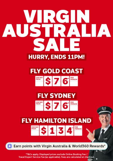 Virgin Australia sale featuring one way flights to the Gold Coast from $76, one way flights to Sydney from $76, and one way flights to Hamilton Island from $134