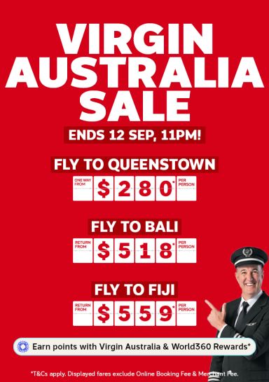 Virgin Australia sale featuring one way flights to Queenstown from $280, return flights to Bali from $518 and return flights to Fiji from $559