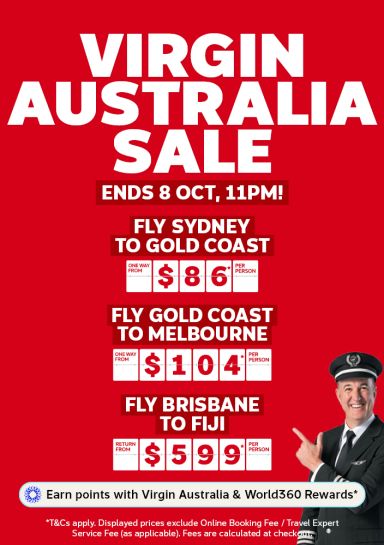 Virgin Australia Sale with one way flights from Sydney to Gold Coast from $86, one way flights from Gold Coast to Melbourne from $104 and return flights to Fiji from $599