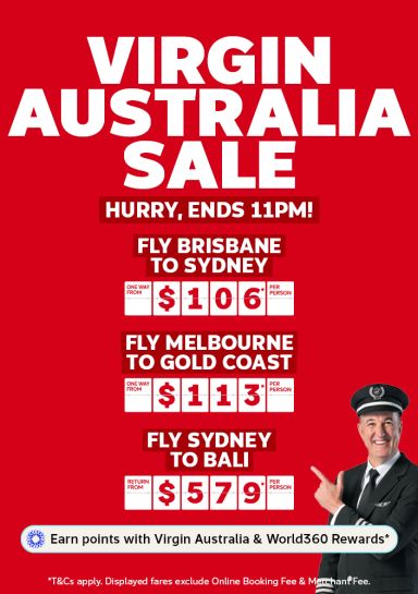 Virgin Australia sale with flights from Brisbane to Sydney from $106 Melbourne to Gold Coast from $113 and Sydney to Bali from $579 per person