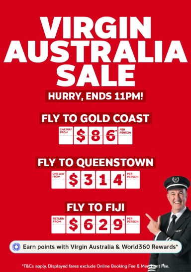 Flight Centre captain pointing at a Virgin Australia sale, including one way flights to the Gold Coast from $86, one way flights to Queenstown from $314 and return flights to Fiji from $629